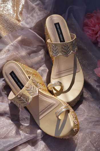 Shop Shradha Hedau Footwear Couture Gold Embroidery Sitara Leaf Wedges Online at Aza Fashions Shop_Shradha Hedau Footwear Couture_Gold Embroidery Sitara Leaf Wedges _Online_at_Aza_Fashions