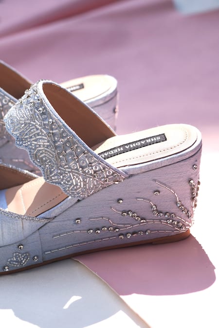 Shradha Hedau Footwear Couture_Blue Embroidery Daisy Cutdana Wedges _Online_at_Aza_Fashions