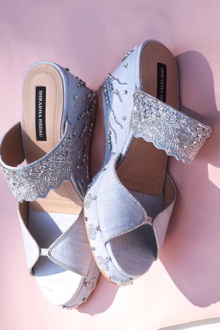 Buy_Shradha Hedau Footwear Couture_Blue Embroidery Daisy Cutdana Wedges _Online_at_Aza_Fashions