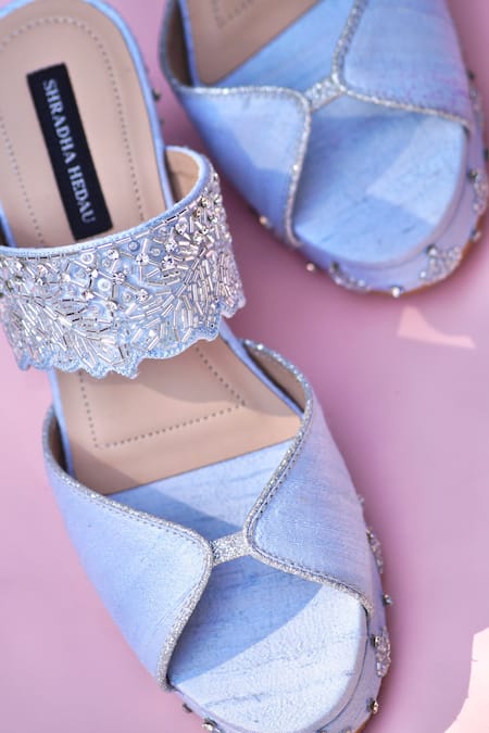 Shop_Shradha Hedau Footwear Couture_Blue Embroidery Daisy Cutdana Wedges _Online_at_Aza_Fashions