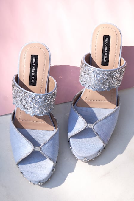 Shradha Hedau Footwear Couture_Blue Embroidery Daisy Cutdana Wedges _at_Aza_Fashions