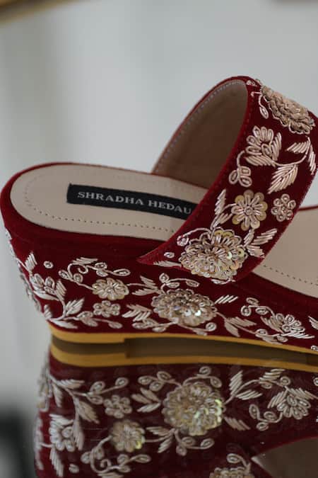 Shradha Hedau Footwear Couture_Maroon Embroidery Ezra Zardozi Work Wedges _Online_at_Aza_Fashions
