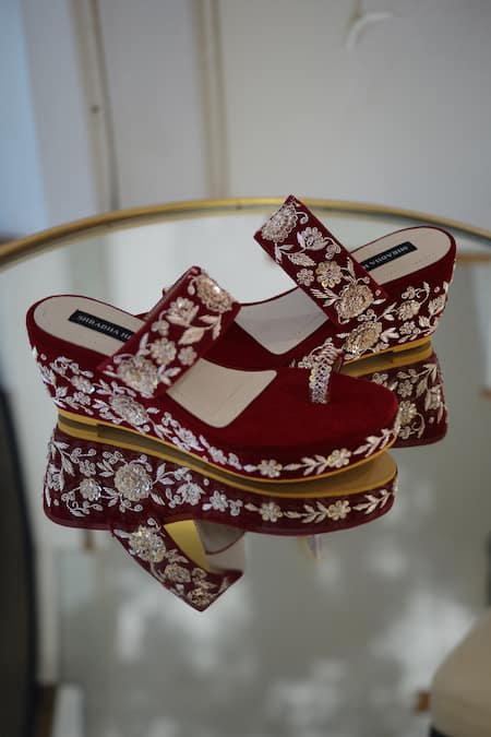 Buy_Shradha Hedau Footwear Couture_Maroon Embroidery Ezra Zardozi Work Wedges _Online_at_Aza_Fashions