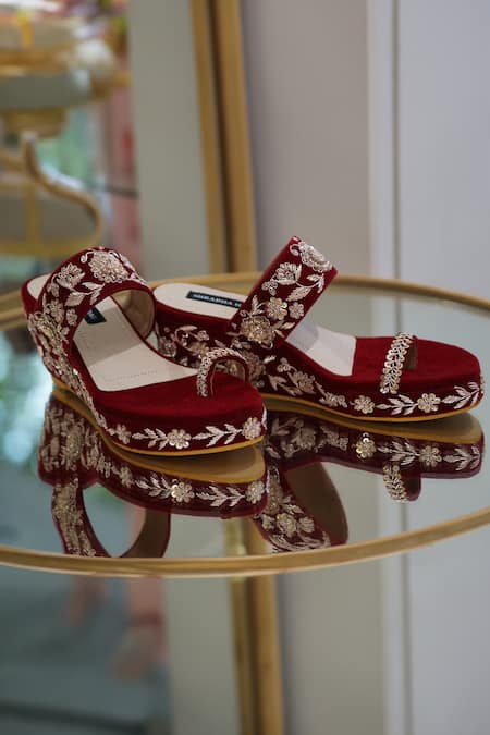 Shradha Hedau Footwear Couture_Maroon Embroidery Ezra Zardozi Work Wedges _at_Aza_Fashions