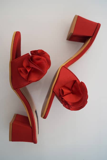 Shradha Hedau Footwear Couture Red Laney Satin Block Heels Online at Aza Fashions Shradha Hedau Footwear Couture_Red Laney Satin Block Heels _Online_at_Aza_Fashions