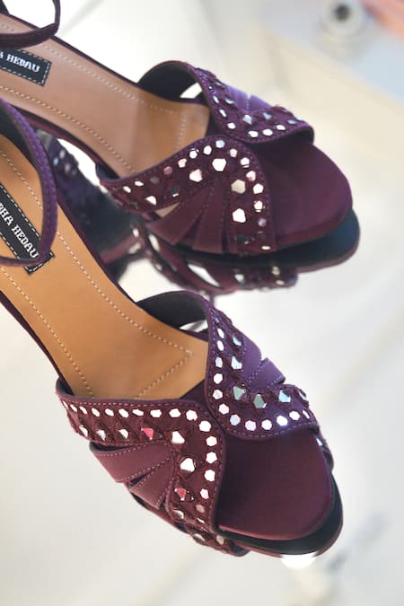 Shradha Hedau Footwear Couture_Wine Mirror Satin Block Heels With Embellishments _Online_at_Aza_Fashions