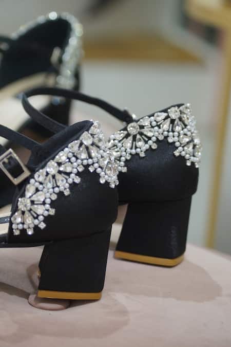 Buy_Shradha Hedau Footwear Couture_Black Crystal Phoenix Embellished Block Heels _Online_at_Aza_Fashions