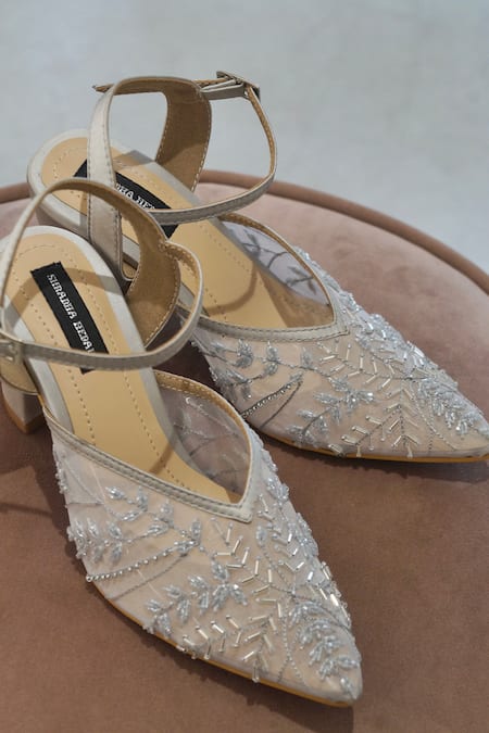 Shop Shradha Hedau Footwear Couture Grey Cutdana Remy Embellished Block Heels at Aza Fashions Shop_Shradha Hedau Footwear Couture_Grey Cutdana Remy Embellished Block Heels _at_Aza_Fashions