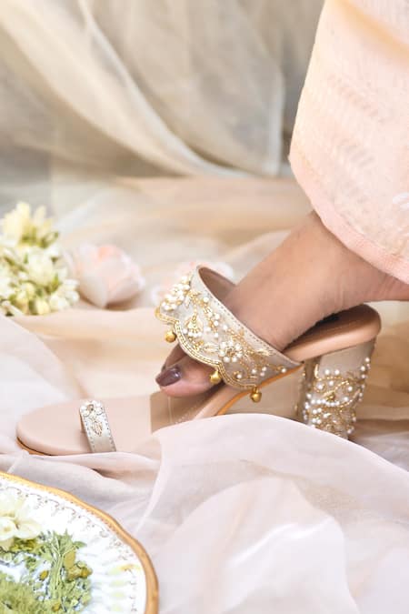 Shop Shradha Hedau Footwear Couture Beige Gota Patti, Embroidery Hazel Ghungroo Embellished Kolhapuri Block Heels Online at Aza Fashions Shop_Shradha Hedau Footwear Couture_Beige Gota Patti, Embroidery Hazel Ghungroo Embellished Kolhapuri Block Heels _Online_at_Aza_Fashions