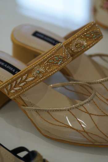 Shradha Hedau Footwear Couture_Gold Beads, Embroidery Satin Block Heels _Online_at_Aza_Fashions