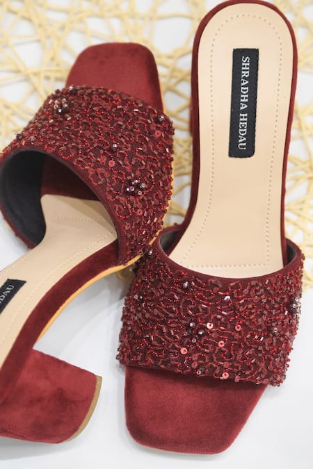 Buy_Shradha Hedau Footwear Couture_Maroon Sequins Elora Embellished Block Heels _Online_at_Aza_Fashions
