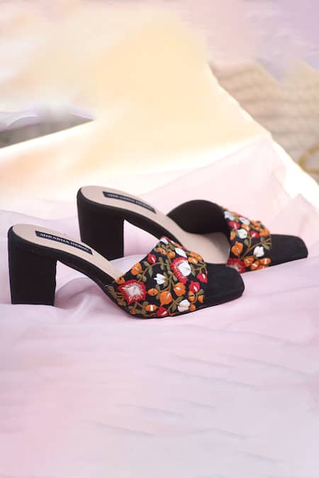 Buy Shradha Hedau Footwear Couture Black Thread Cecilia Embroidered Block Heels Online at Aza Fashions Buy_Shradha Hedau Footwear Couture_Black Thread Cecilia Embroidered Block Heels _Online_at_Aza_Fashions