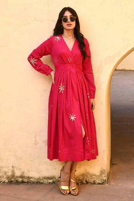 Shop_Gulaal_Pink Cotton Embroidery V-neck Midi Dress 