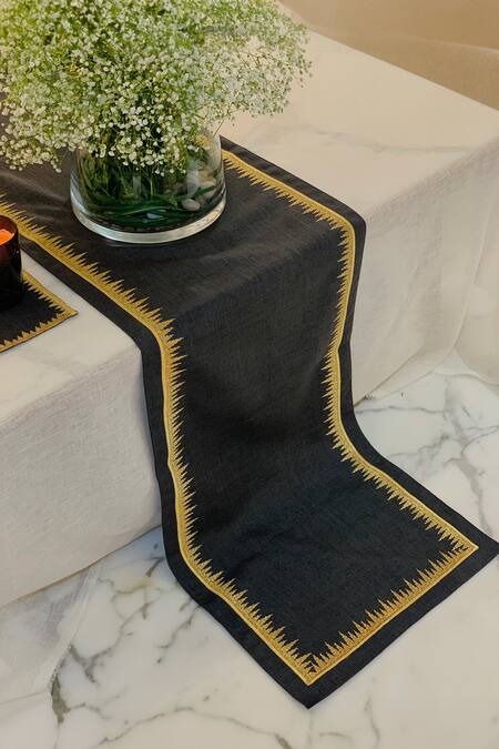 MJ Label Black Cotton Linen Embroidered Zig Zag Table Runner