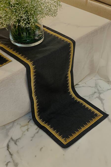 Shop MJ Label Black Cotton Linen Embroidered Zig Zag Table Runner at Aza Fashions Shop_MJ Label_Black Cotton Linen Embroidered Zig Zag Table Runner_at_Aza_Fashions