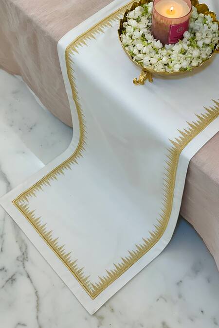 Shop MJ Label Gold Cotton Linen Embroidered Zig Zag Pattern Table Runner at Aza Fashions Shop_MJ Label_Gold Cotton Linen Embroidered Zig Zag Pattern Table Runner_at_Aza_Fashions