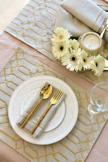 MJ Label_Beige Cotton Linen Embroidered Geometric 6 Pcs Table Mats_Online_at_Aza_Fashions