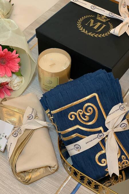 MJ Label_Blue Cotton Linen Printed, Embroidered The Lagoon Gift Box Set_Online_at_Aza_Fashions