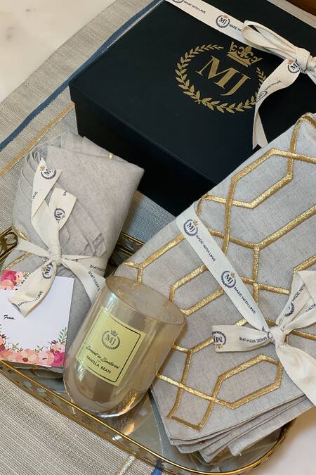 MJ Label Beige Cotton Linen Embroidered The Ivory Jewel Gift Box Set Online at Aza Fashions MJ Label_Beige Cotton Linen Embroidered The Ivory Jewel Gift Box Set_Online_at_Aza_Fashions