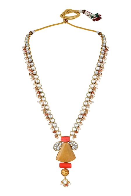HRISHA_Gold Plated Pearls, Diamonds, Crystals Geometric Kundan Embellished Necklace Set _Online_at_Aza_Fashions