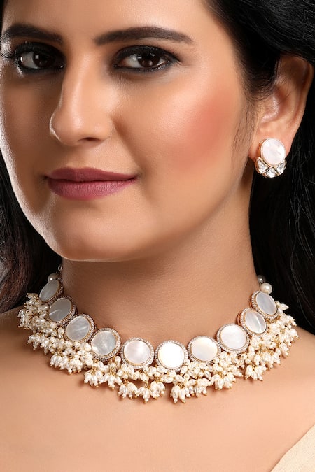 Buy Gold Plated Kundan And Pearls Embellished Necklace Set by