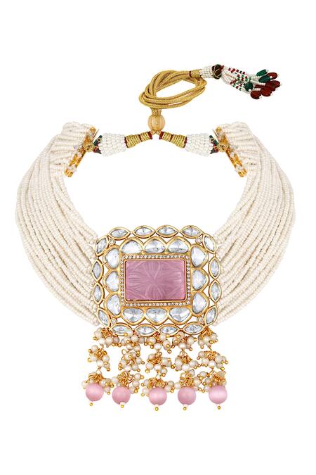 Hrisha_Pink Diamonds, Pearls, Stones Monalisa Beads And Kundan Embellished Choker Set _Online_at_Aza_Fashions