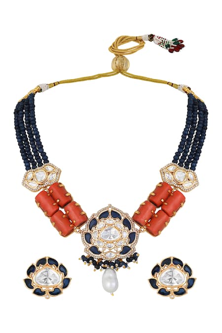 Shop HRISHA Blue Crystals, Diamonds, Pearls Polki And Kundan Embellished Necklace Set at Aza Fashions Shop_HRISHA_Blue Crystals, Diamonds, Pearls Polki And Kundan Embellished Necklace Set _at_Aza_Fashions
