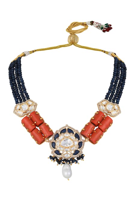 HRISHA Blue Crystals, Diamonds, Pearls Polki And Kundan Embellished Necklace Set Online at Aza Fashions HRISHA_Blue Crystals, Diamonds, Pearls Polki And Kundan Embellished Necklace Set _Online_at_Aza_Fashions