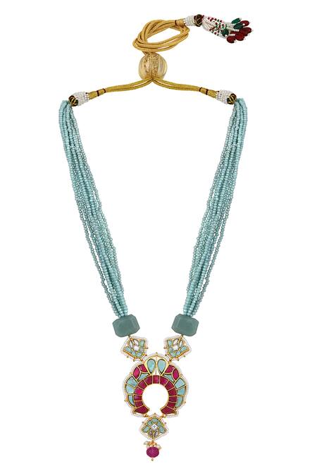 HRISHA_Blue Pearls Hydro Phiroza Embellished Necklace Set_Online_at_Aza_Fashions