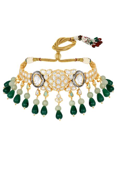 Hrisha_Green Metallic Thread, Stones Floret Kundan Embellished Choker Set _Online_at_Aza_Fashions