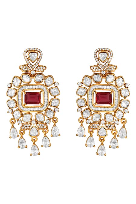 Buy_HRISHA_Red Crystals, Diamonds, Pearls Cubic Zirconia Embellished Necklace Set _Online_at_Aza_Fashions