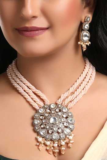 Buy HRISHA Gold Plated Pearls, Stones Circular Floret Embellished Necklace Set at Aza Fashions Buy_HRISHA_Gold Plated Pearls, Stones Circular Floret Embellished Necklace Set_at_Aza_Fashions