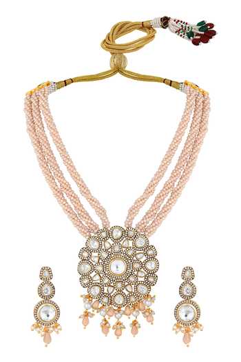 Shop HRISHA Gold Plated Pearls, Stones Circular Floret Embellished Necklace Set at Aza Fashions Shop_HRISHA_Gold Plated Pearls, Stones Circular Floret Embellished Necklace Set_at_Aza_Fashions