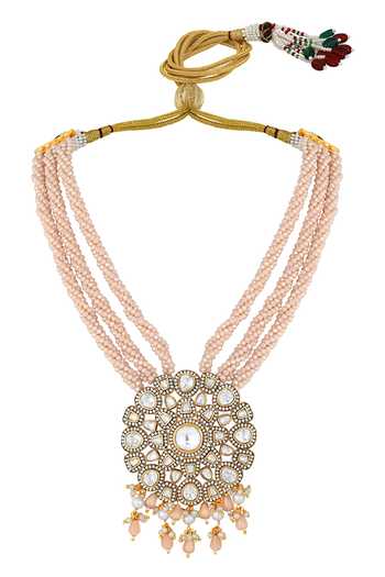 HRISHA Gold Plated Pearls, Stones Circular Floret Embellished Necklace Set Online at Aza Fashions HRISHA_Gold Plated Pearls, Stones Circular Floret Embellished Necklace Set_Online_at_Aza_Fashions