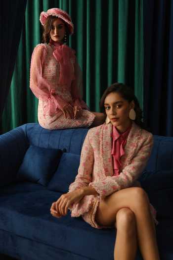 Label Deepika Nagpal_Pink Taffeta, Brocade Cara Barbie Tweed Blazer_Online_at_Aza_Fashions