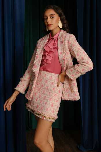 Shop_Label Deepika Nagpal_Pink Taffeta, Brocade Cara Barbie Tweed Blazer_Online_at_Aza_Fashions