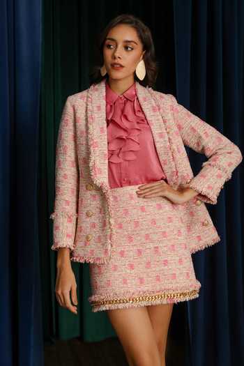 Label Deepika Nagpal_Pink Taffeta, Brocade Cara Barbie Tweed Blazer_at_Aza_Fashions