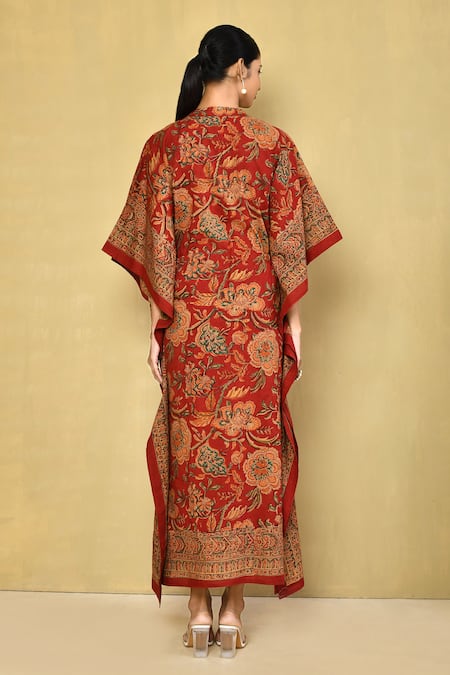 Shop Samyukta Singhania Red Cotton Split V-neck Floral Hand Block Print Kaftan at Aza Fashions Shop_Samyukta Singhania_Red Cotton Split V-neck Floral Hand Block Print Kaftan_at_Aza_Fashions