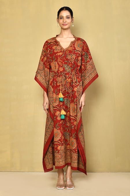 Samyukta Singhania Red Cotton Split V-neck Floral Hand Block Print Kaftan Online at Aza Fashions Samyukta Singhania_Red Cotton Split V-neck Floral Hand Block Print Kaftan_Online_at_Aza_Fashions
