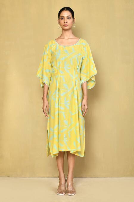 Samyukta Singhania_Yellow Cotton Lace Round Neck Leaf Hand Block Print Kaftan _Online_at_Aza_Fashions
