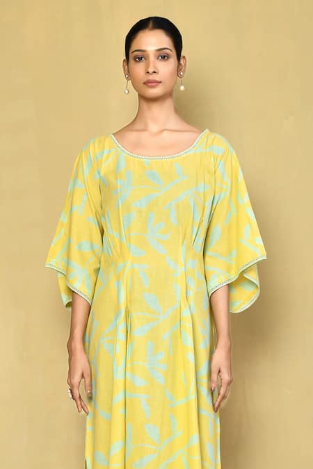 Buy_Samyukta Singhania_Yellow Cotton Lace Round Neck Leaf Hand Block Print Kaftan _Online_at_Aza_Fashions