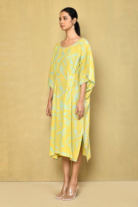 Samyukta Singhania_Yellow Cotton Lace Round Neck Leaf Hand Block Print Kaftan _at_Aza_Fashions