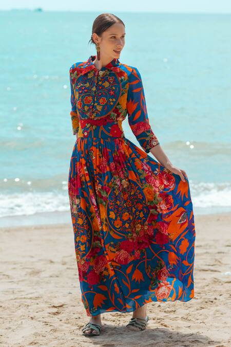 Pds By Sneha_Blue Crepe Embroidered Collared Floral Pattern Jumpsuit  _Online_at_Aza_Fashions