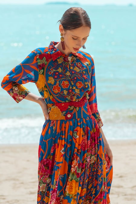 Buy_Pds By Sneha_Blue Crepe Embroidered Collared Floral Pattern Jumpsuit  _Online_at_Aza_Fashions