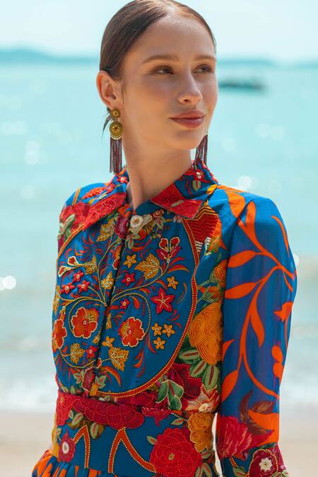 Shop_Pds By Sneha_Blue Crepe Embroidered Collared Floral Pattern Jumpsuit  _Online_at_Aza_Fashions