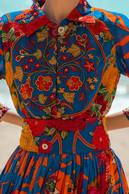 Pds By Sneha_Blue Crepe Embroidered Collared Floral Pattern Jumpsuit  _at_Aza_Fashions