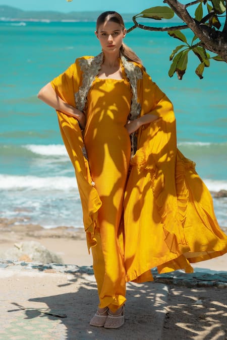 Pds By Sneha Silk Long Dress With Embroidered Cape 