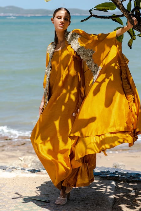 Pds By Sneha_Yellow Silk Embroidered Open Long Dress With Cape  _Online_at_Aza_Fashions