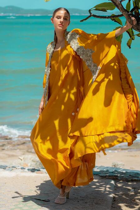 Buy_Pds By Sneha_Yellow Silk Embroidered Open Long Dress With Cape  _Online_at_Aza_Fashions