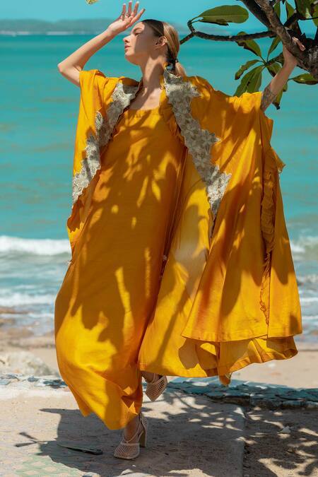 Shop_Pds By Sneha_Yellow Silk Embroidered Open Long Dress With Cape  _Online_at_Aza_Fashions